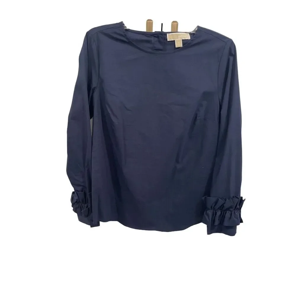 Michael Kors Women's Navy Long Sleeve Blouse with Ruffle‎ Cuffs Size S